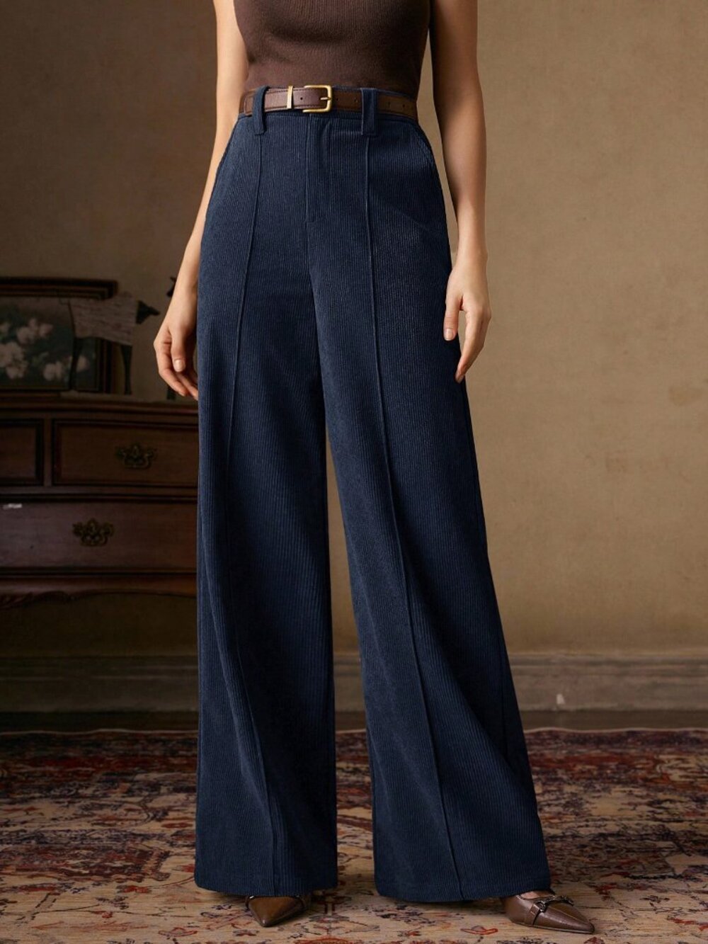Navy Blue Casual Women's Corduroy Trousers - Picture 4 of 7